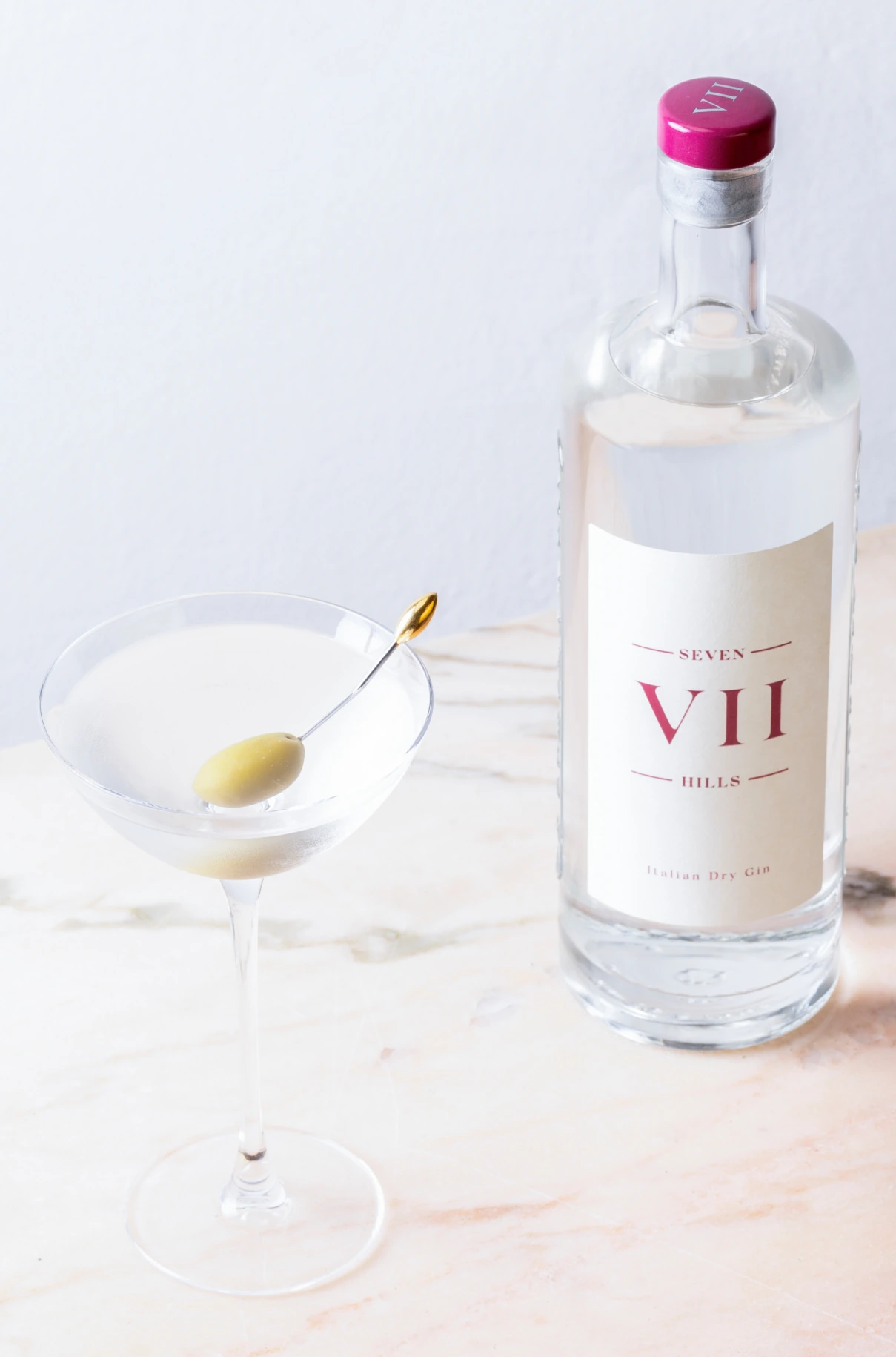 A VII Hills Gin bottle beside a Martini